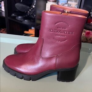 COACH Burgundy Leather Ankle Booties with Embossed Logo